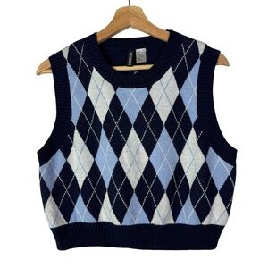 H&M Divided Blue Argyle Print Cropped Sweater Vest L